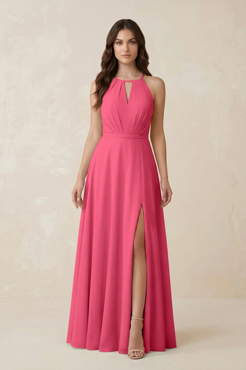 Halter A - Line Chiffon Bridesmaid Dress With Slit in Fuchsia - KissProm Bridesmaid Dresses