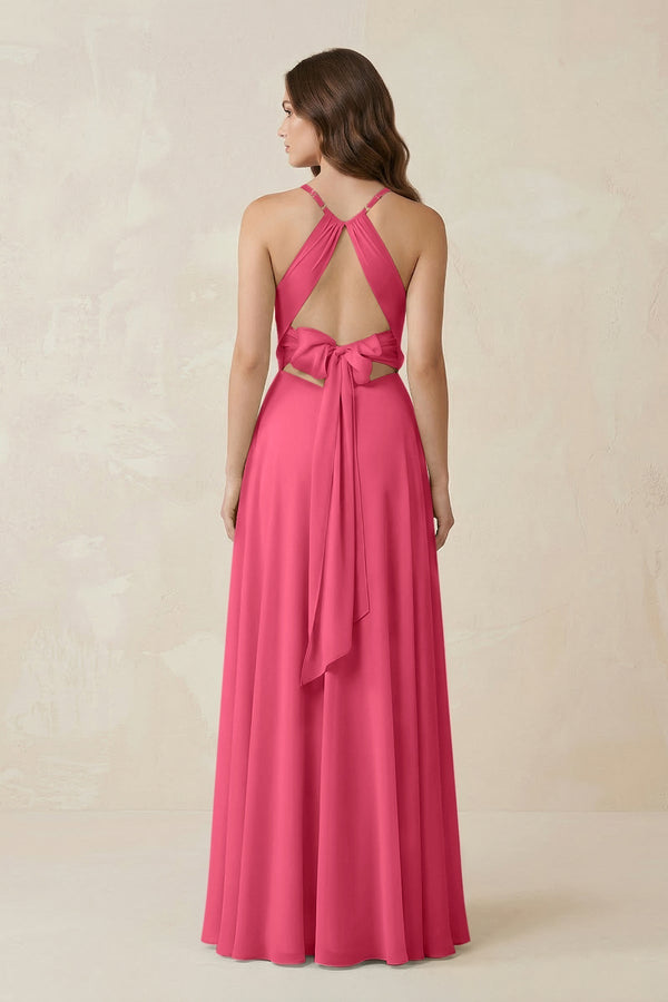 Halter A - Line Chiffon Bridesmaid Dress With Slit in Fuchsia - KissProm Bridesmaid Dresses