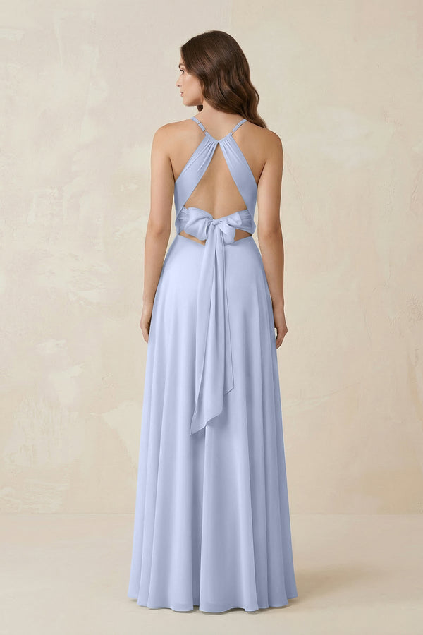 Halter A - Line Chiffon Bridesmaid Dress With Slit in Ice - KissProm Bridesmaid Dresses