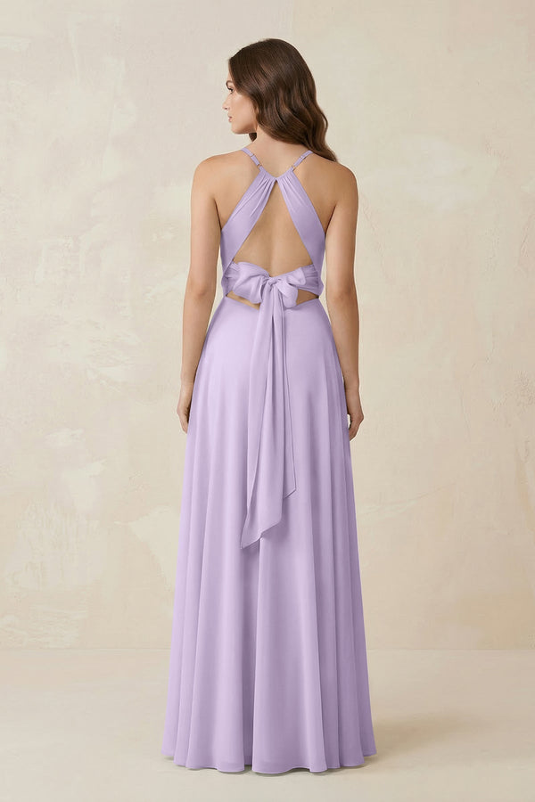 Halter A - Line Chiffon Bridesmaid Dress With Slit in Lavender - KissProm Bridesmaid Dresses