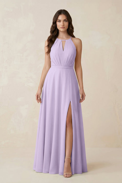 Halter A - Line Chiffon Bridesmaid Dress With Slit in Lavender - KissProm Bridesmaid Dresses