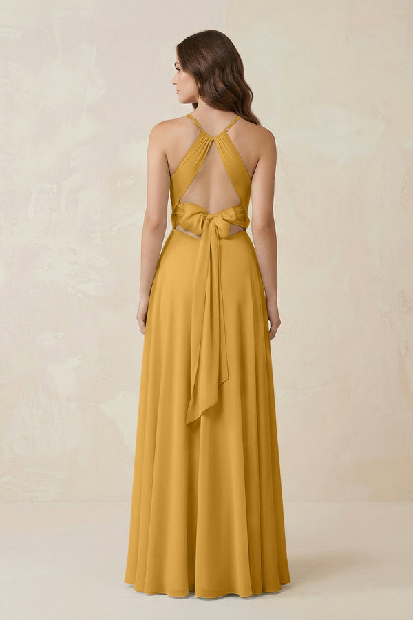 Halter A - Line Chiffon Bridesmaid Dress With Slit in Marigold - KissProm Bridesmaid Dresses