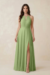 Halter A - Line Chiffon Bridesmaid Dress With Slit in Matcha - KissProm Bridesmaid Dresses