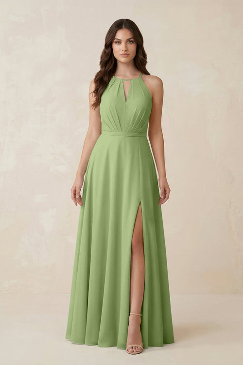 Halter A - Line Chiffon Bridesmaid Dress With Slit in Matcha - KissProm Bridesmaid Dresses