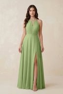 Halter A - Line Chiffon Bridesmaid Dress With Slit in Matcha - KissProm Bridesmaid Dresses