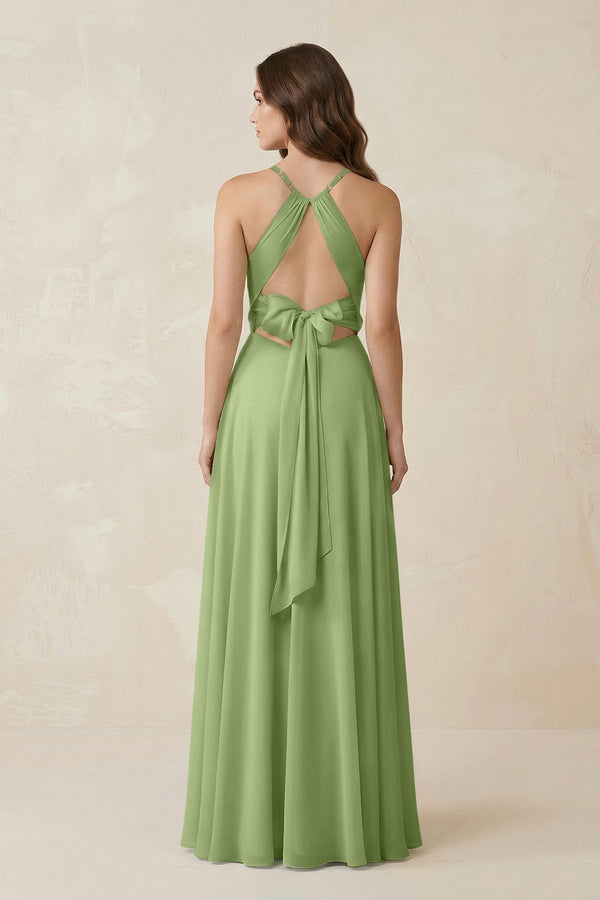 Halter A - Line Chiffon Bridesmaid Dress With Slit in Matcha - KissProm Bridesmaid Dresses
