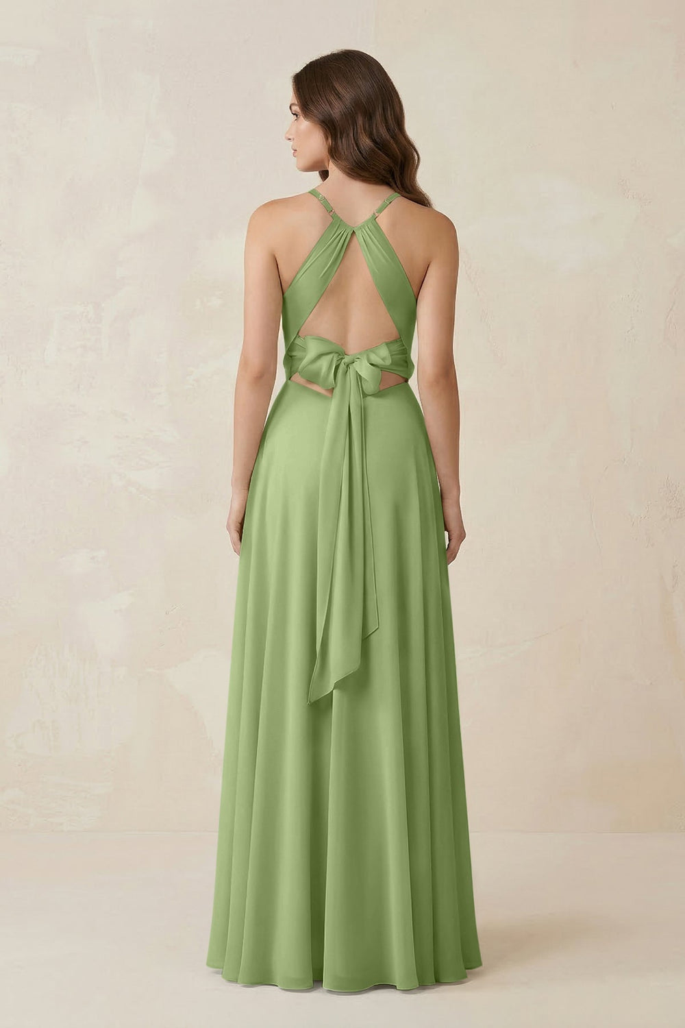 Halter A - Line Chiffon Bridesmaid Dress With Slit in Matcha - KissProm Bridesmaid Dresses