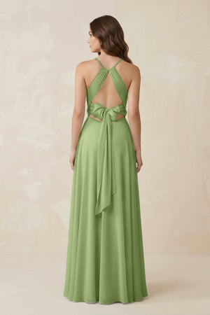 Halter A - Line Chiffon Bridesmaid Dress With Slit in Matcha - KissProm Bridesmaid Dresses