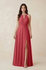 Halter A - Line Chiffon Bridesmaid Dress With Slit in Merlot - KissProm Bridesmaid Dresses