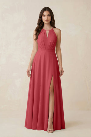 Halter A - Line Chiffon Bridesmaid Dress With Slit in Merlot - KissProm Bridesmaid Dresses
