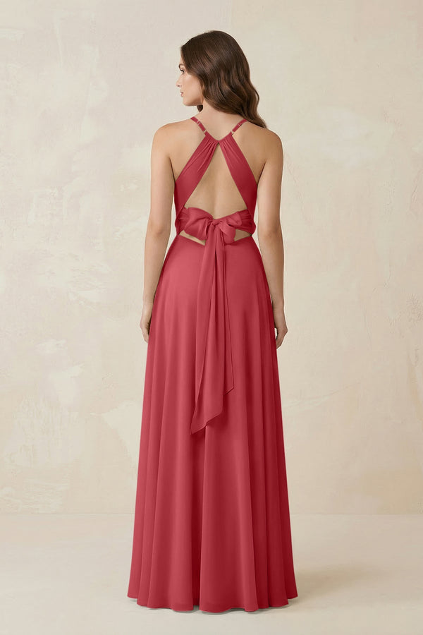 Halter A - Line Chiffon Bridesmaid Dress With Slit in Merlot - KissProm Bridesmaid Dresses