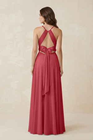 Halter A - Line Chiffon Bridesmaid Dress With Slit in Merlot - KissProm Bridesmaid Dresses