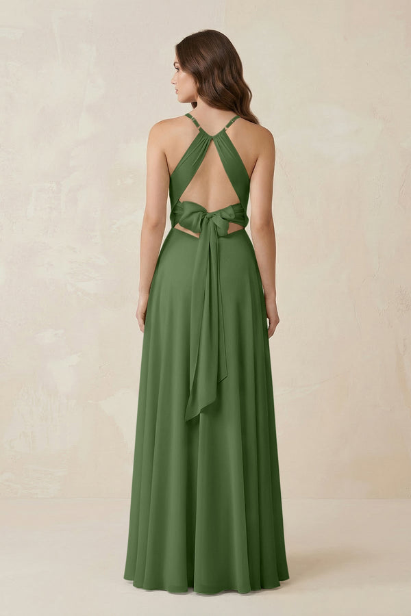 Halter A - Line Chiffon Bridesmaid Dress With Slit in Moss - KissProm Bridesmaid Dresses