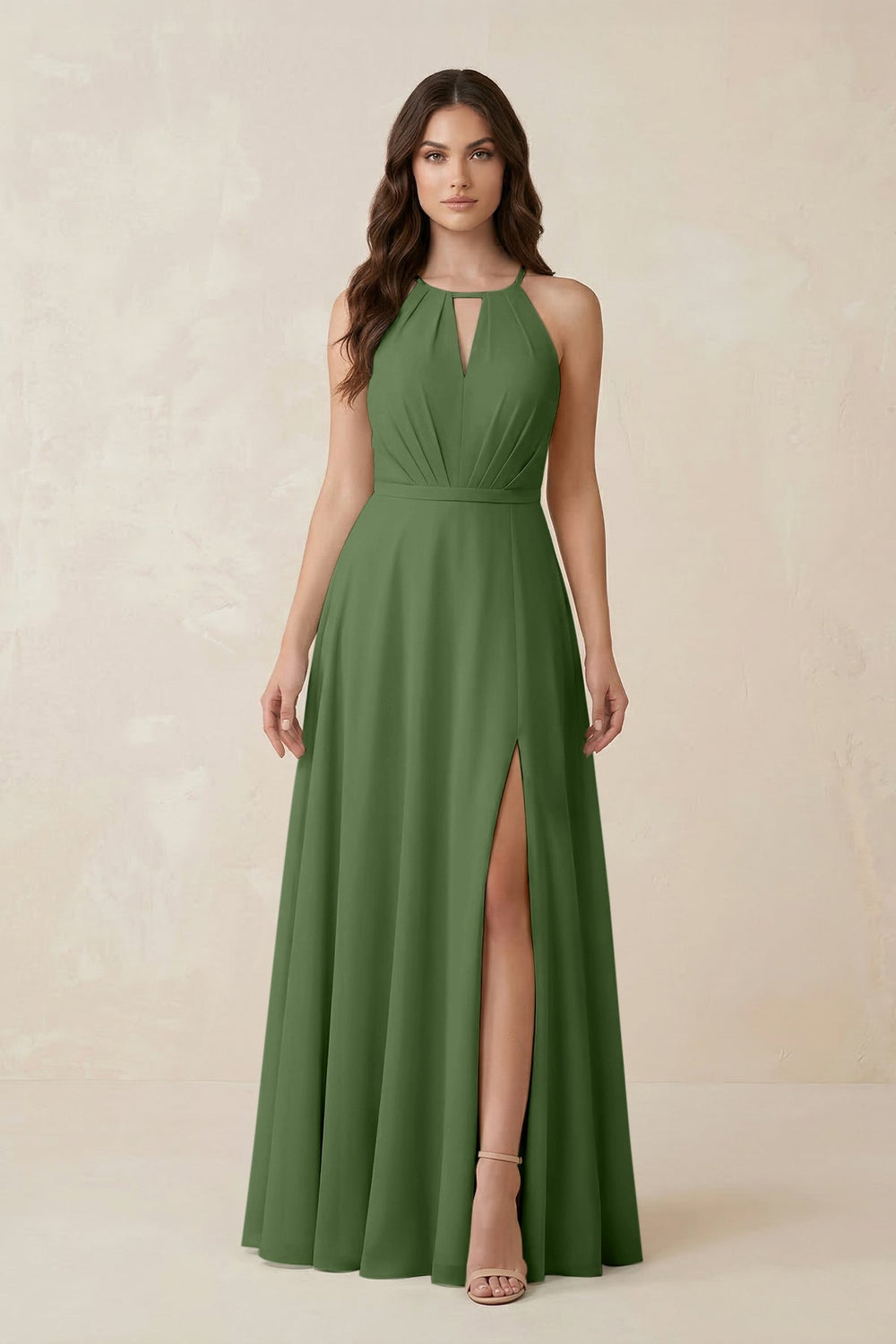 Halter A - Line Chiffon Bridesmaid Dress With Slit in Moss - KissProm Bridesmaid Dresses