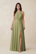 Halter A - Line Chiffon Bridesmaid Dress With Slit in Moss Green - KissProm Bridesmaid Dresses