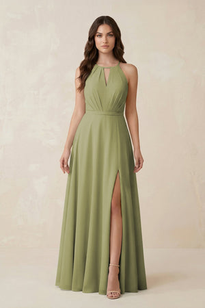 Halter A - Line Chiffon Bridesmaid Dress With Slit in Moss Green - KissProm Bridesmaid Dresses