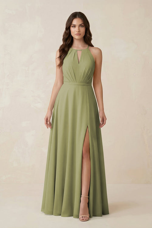 Halter A - Line Chiffon Bridesmaid Dress With Slit in Moss Green - KissProm Bridesmaid Dresses