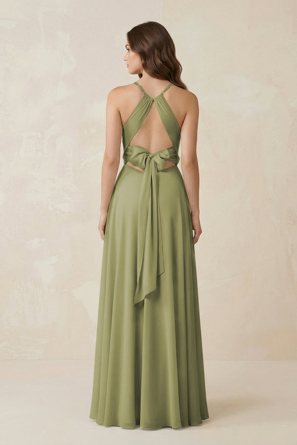 Halter A - Line Chiffon Bridesmaid Dress With Slit in Moss Green - KissProm Bridesmaid Dresses