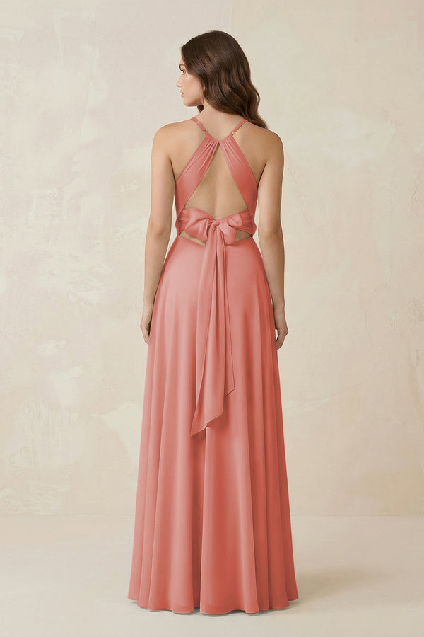 Halter A - Line Chiffon Bridesmaid Dress With Slit in Mulberry - KissProm Bridesmaid Dresses