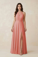 Halter A - Line Chiffon Bridesmaid Dress With Slit in Mulberry - KissProm Bridesmaid Dresses
