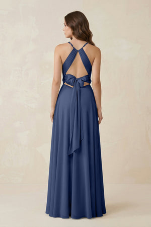 Halter A - Line Chiffon Bridesmaid Dress With Slit in Navy - KissProm Bridesmaid Dresses