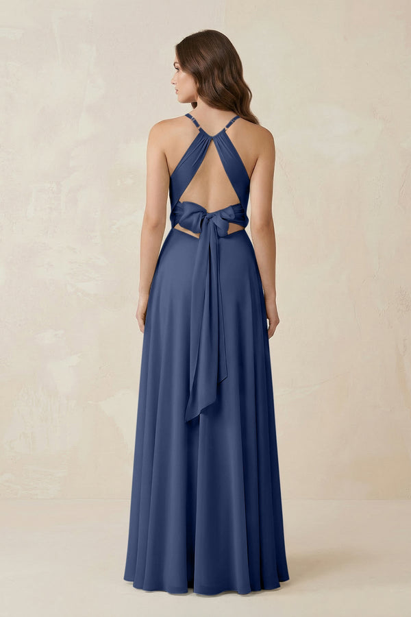 Halter A - Line Chiffon Bridesmaid Dress With Slit in Navy - KissProm Bridesmaid Dresses