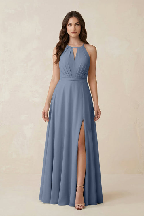 Halter A - Line Chiffon Bridesmaid Dress With Slit in Neptune - KissProm Bridesmaid Dresses