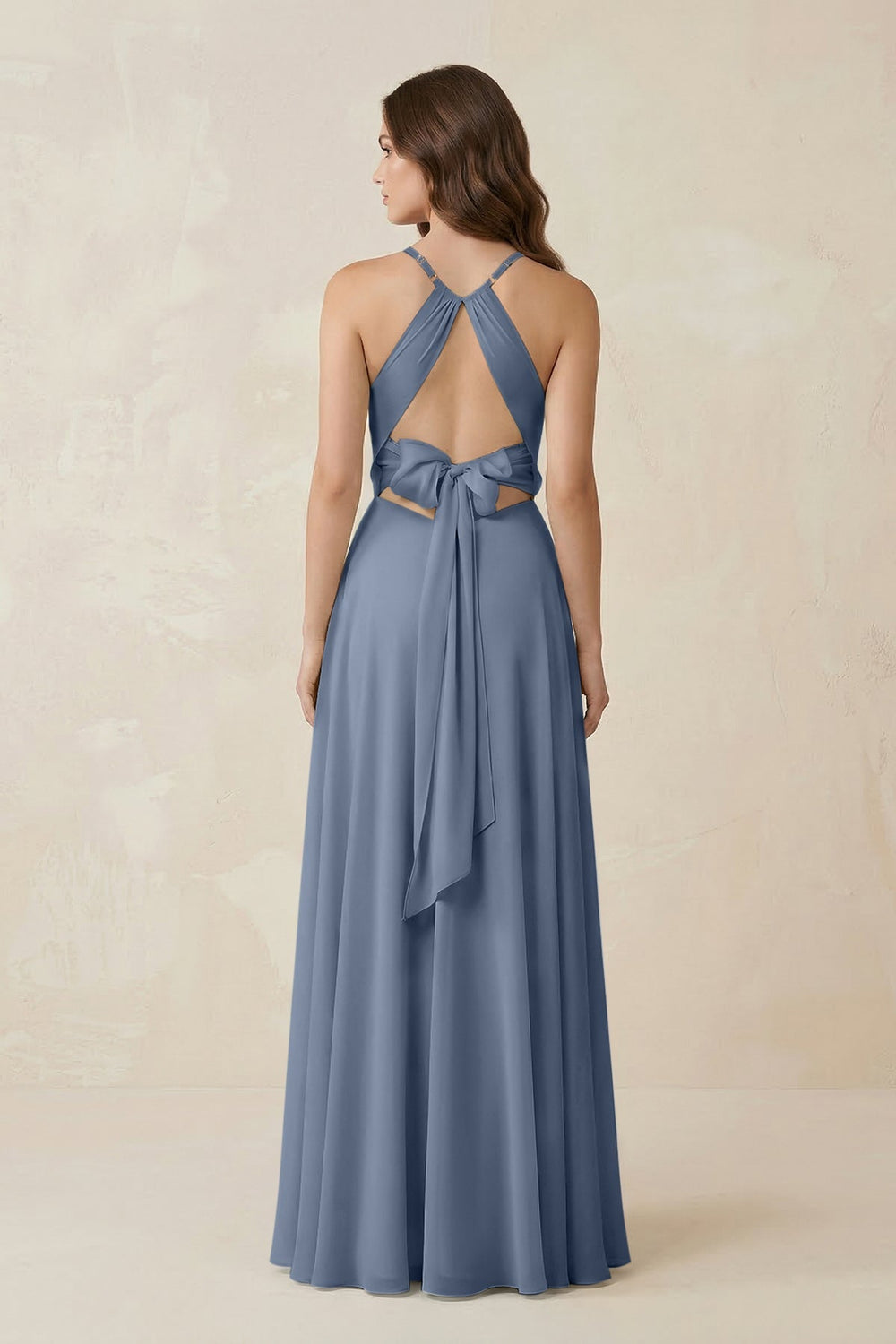 Halter A - Line Chiffon Bridesmaid Dress With Slit in Neptune - KissProm Bridesmaid Dresses