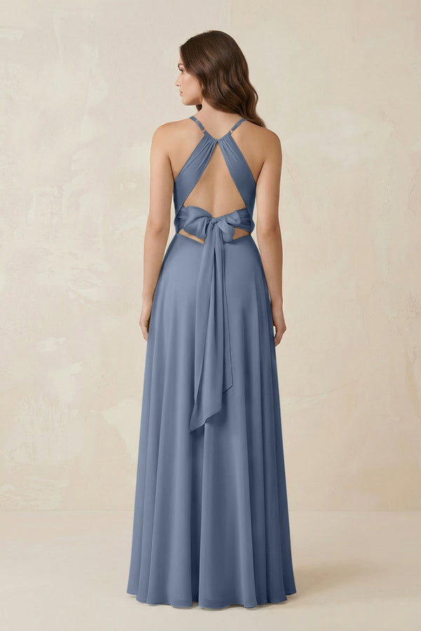 Halter A - Line Chiffon Bridesmaid Dress With Slit in Neptune - KissProm Bridesmaid Dresses