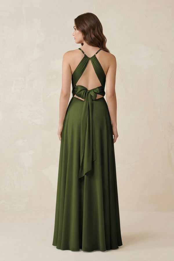 Halter A - Line Chiffon Bridesmaid Dress With Slit in Olive - KissProm Bridesmaid Dresses