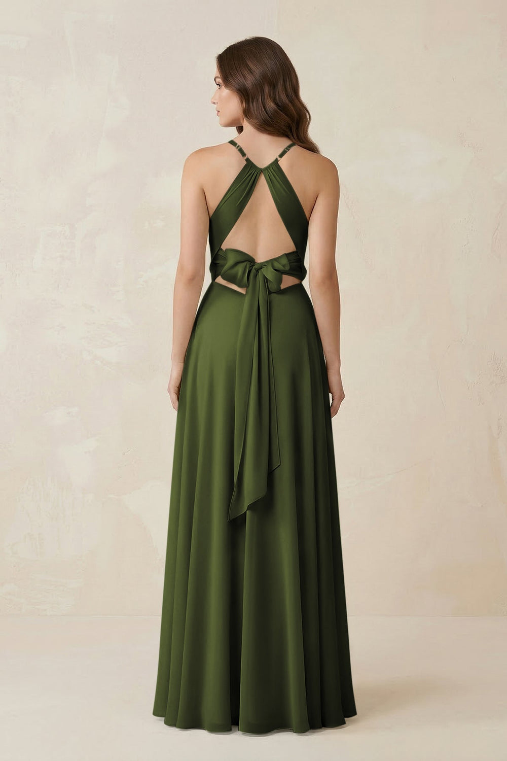 Halter A - Line Chiffon Bridesmaid Dress With Slit in Olive - KissProm Bridesmaid Dresses