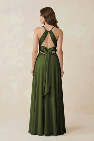 Halter A - Line Chiffon Bridesmaid Dress With Slit in Olive - KissProm Bridesmaid Dresses