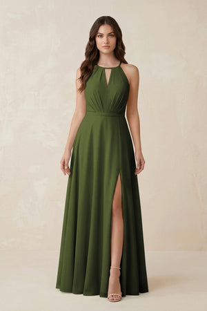 Halter A - Line Chiffon Bridesmaid Dress With Slit in Olive - KissProm Bridesmaid Dresses
