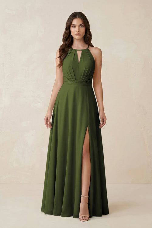 Halter A - Line Chiffon Bridesmaid Dress With Slit in Olive - KissProm Bridesmaid Dresses