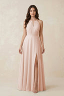 Halter A - Line Chiffon Bridesmaid Dress With Slit in Pale Blush - KissProm Bridesmaid Dresses