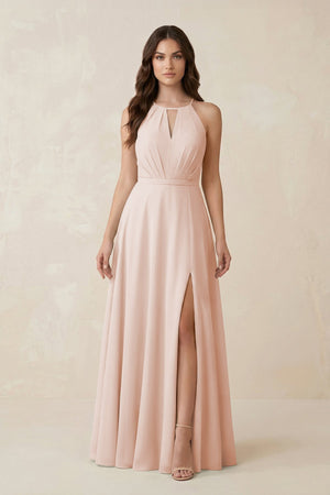 Halter A - Line Chiffon Bridesmaid Dress With Slit in Pale Blush - KissProm Bridesmaid Dresses