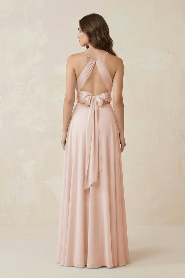Halter A - Line Chiffon Bridesmaid Dress With Slit in Pale Blush - KissProm Bridesmaid Dresses
