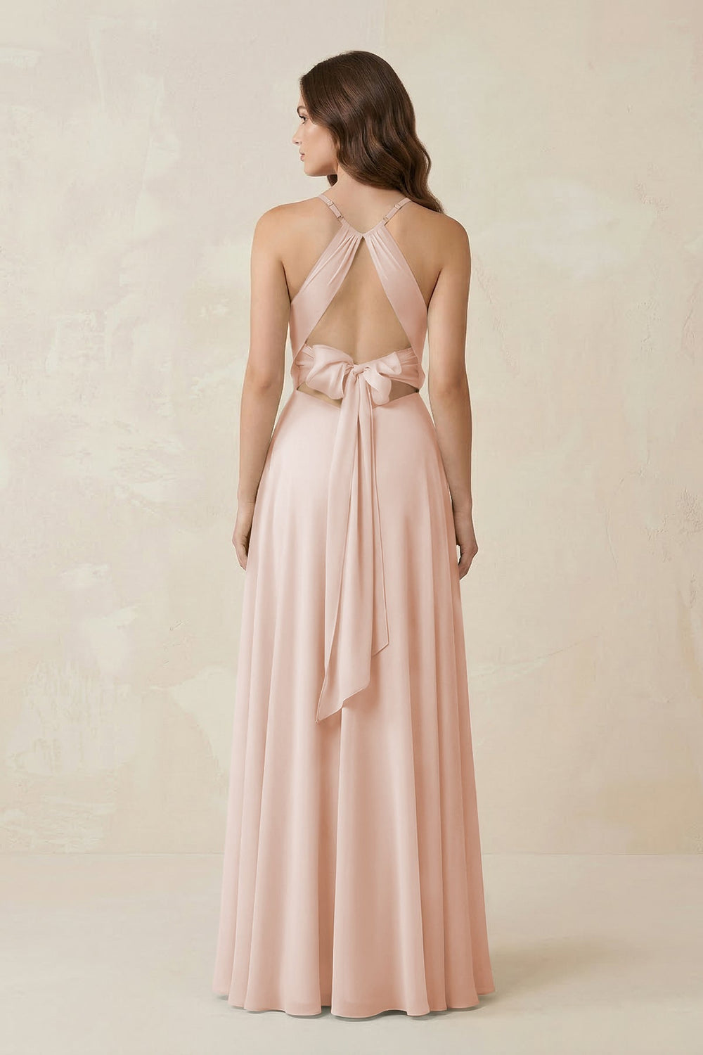 Halter A - Line Chiffon Bridesmaid Dress With Slit in Pale Blush - KissProm Bridesmaid Dresses