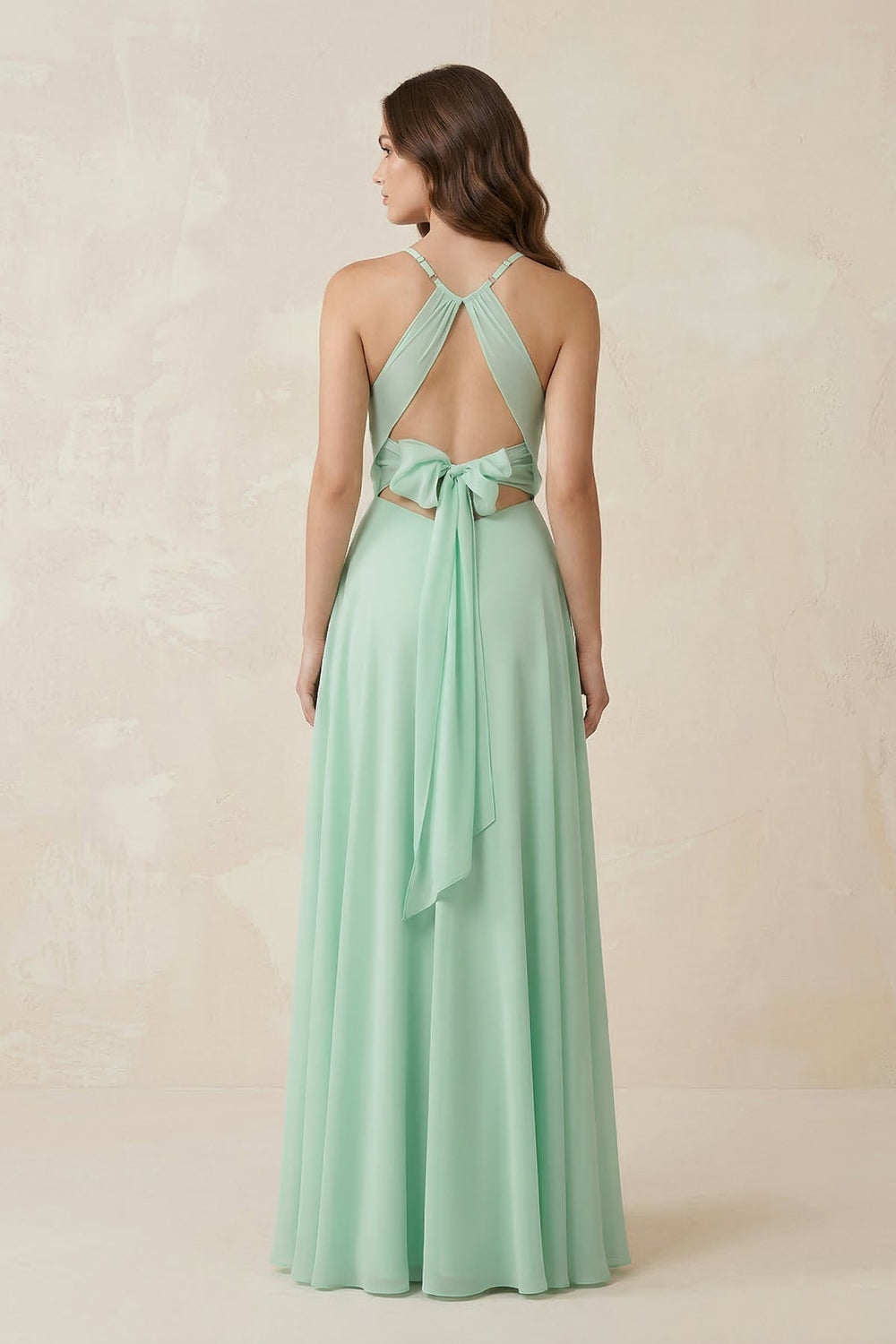 Halter A - Line Chiffon Bridesmaid Dress With Slit in Pale Pistachio - KissProm Bridesmaid Dresses