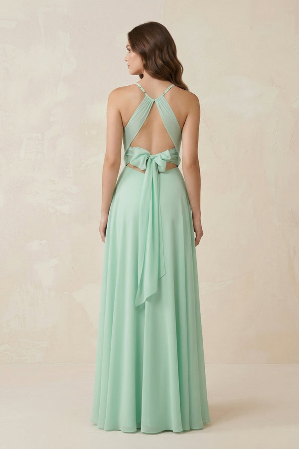 Halter A - Line Chiffon Bridesmaid Dress With Slit in Pale Pistachio - KissProm Bridesmaid Dresses