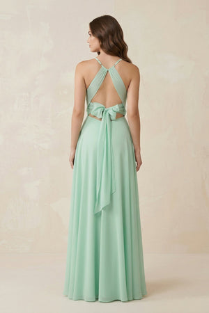 Halter A - Line Chiffon Bridesmaid Dress With Slit in Pale Pistachio - KissProm Bridesmaid Dresses