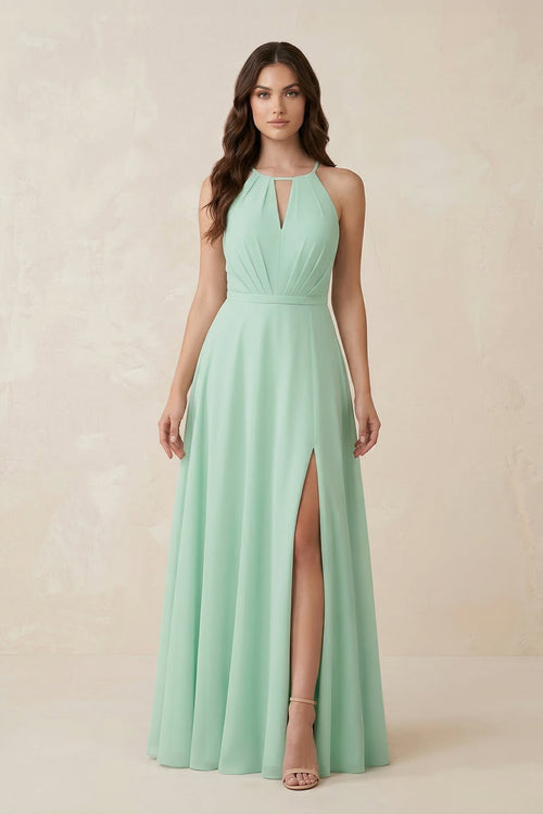 Halter A - Line Chiffon Bridesmaid Dress With Slit in Pale Pistachio - KissProm Bridesmaid Dresses