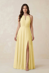Halter A - Line Chiffon Bridesmaid Dress With Slit in Pastel Yellow - KissProm Bridesmaid Dresses