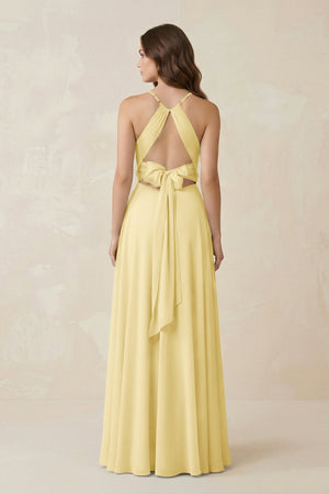 Halter A - Line Chiffon Bridesmaid Dress With Slit in Pastel Yellow - KissProm Bridesmaid Dresses