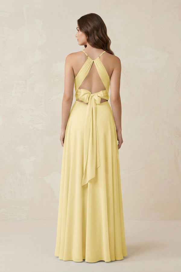 Halter A - Line Chiffon Bridesmaid Dress With Slit in Pastel Yellow - KissProm Bridesmaid Dresses