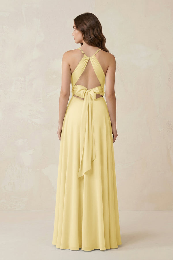 Halter A - Line Chiffon Bridesmaid Dress With Slit in Pastel Yellow - KissProm Bridesmaid Dresses