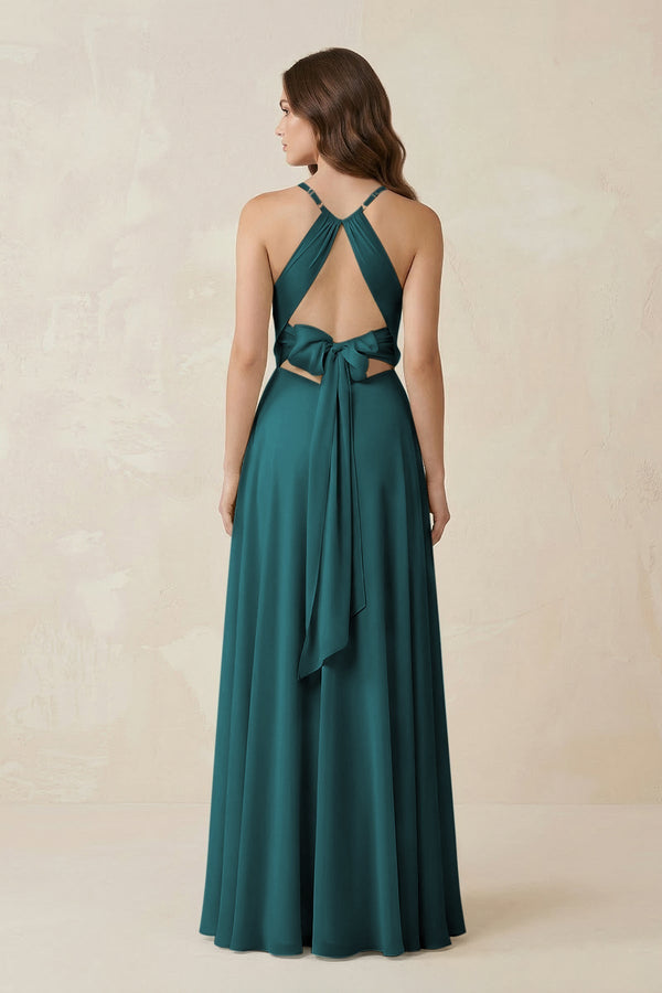 Halter A - Line Chiffon Bridesmaid Dress With Slit in Pine - KissProm Bridesmaid Dresses