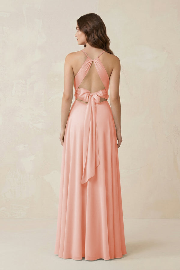 Halter A - Line Chiffon Bridesmaid Dress With Slit in Rose Petal - KissProm Bridesmaid Dresses