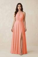 Halter A - Line Chiffon Bridesmaid Dress With Slit in Rosette - KissProm Bridesmaid Dresses