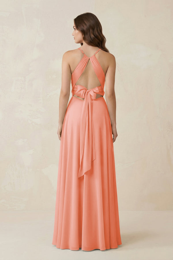 Halter A - Line Chiffon Bridesmaid Dress With Slit in Rosette - KissProm Bridesmaid Dresses
